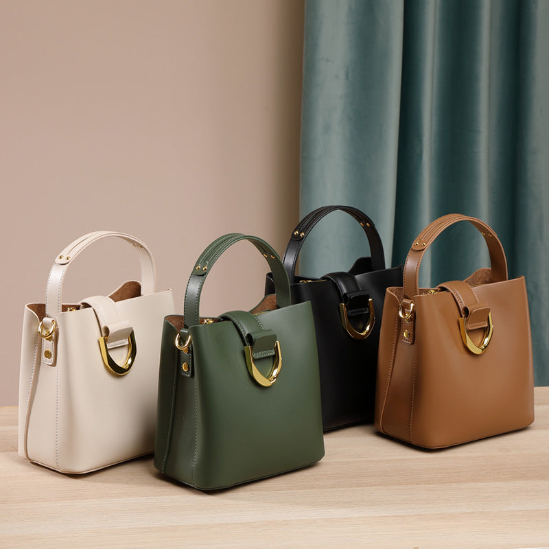 Women’s Genuine Leather Buckle Zipper Vintage Crossbody Shoulder Bucket Bag image 5