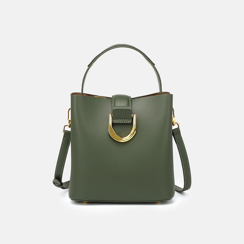 Women’s Genuine Leather Buckle Zipper Vintage Crossbody Shoulder Bucket Bag image