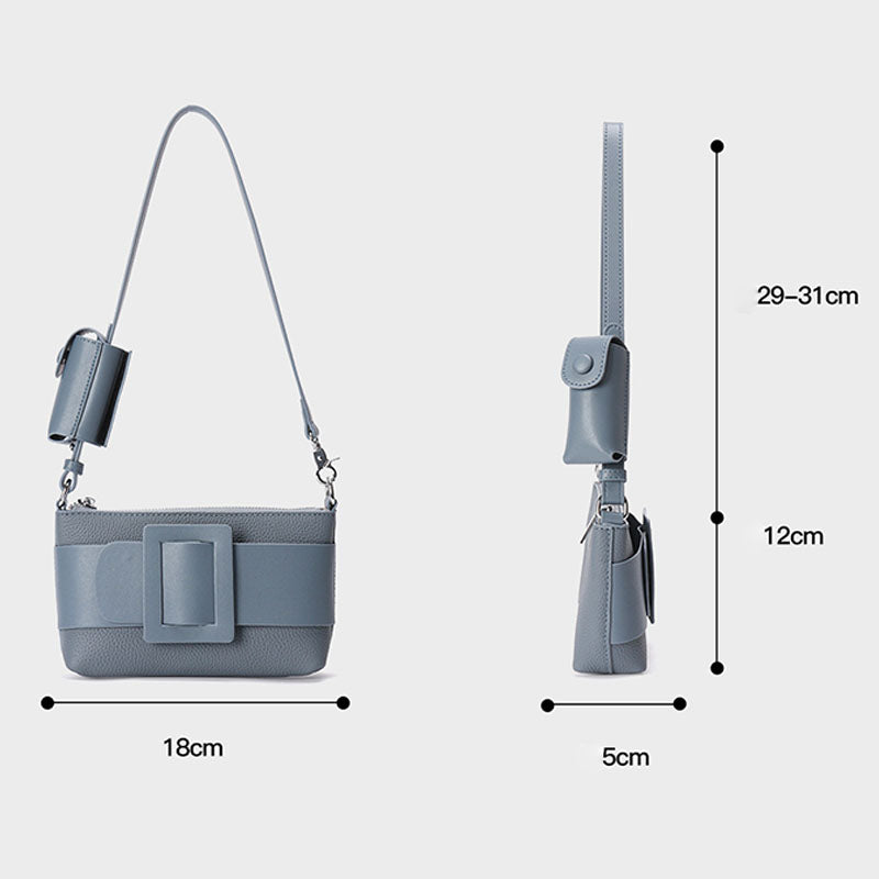 Women’s Genuine Leather Decorative Buckle Zipper Crossbody Baguette Bag image 2