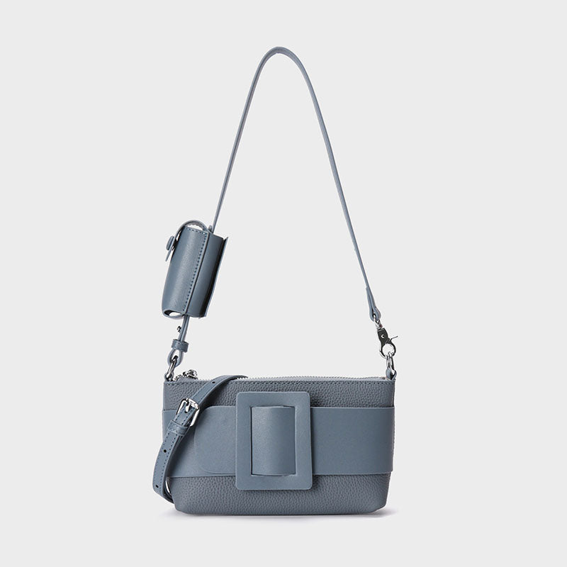 Women’s Genuine Leather Decorative Buckle Zipper Crossbody Baguette Bag image