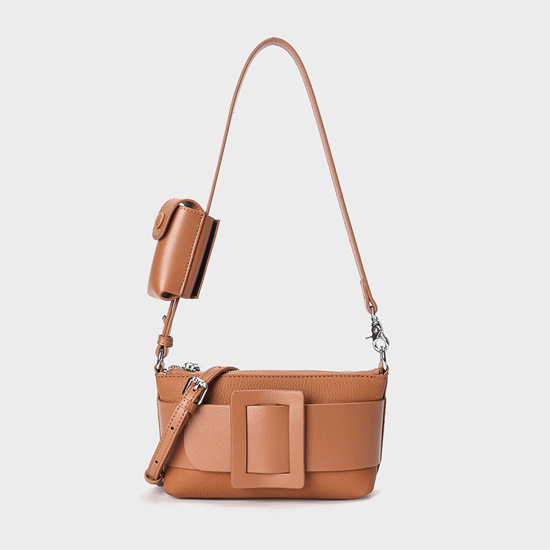Women’s Genuine Leather Decorative Buckle Zipper Crossbody Baguette Bag image 3