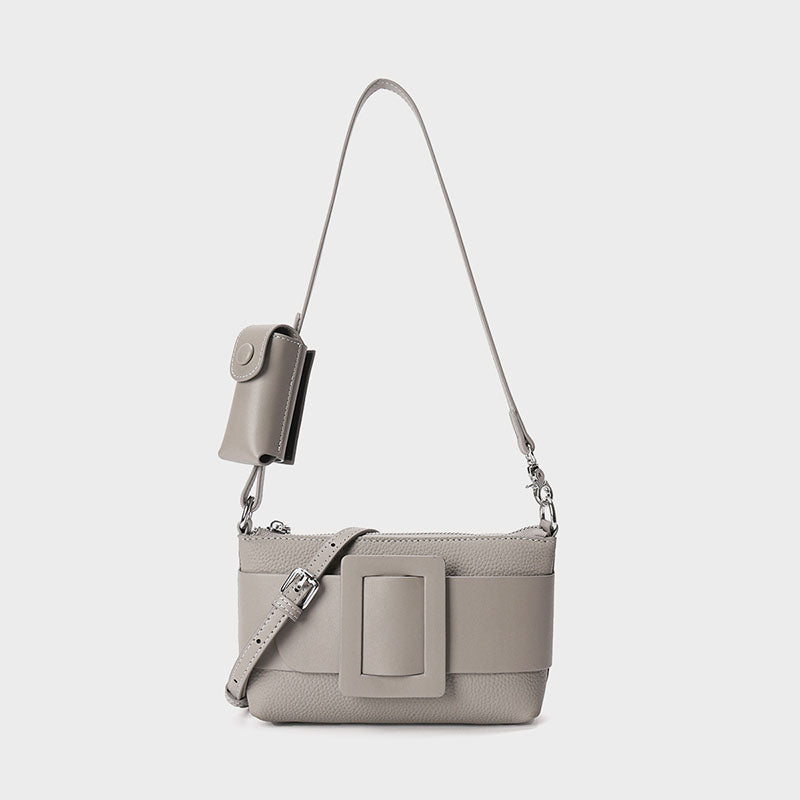 Women’s Genuine Leather Decorative Buckle Zipper Crossbody Baguette Bag image 4