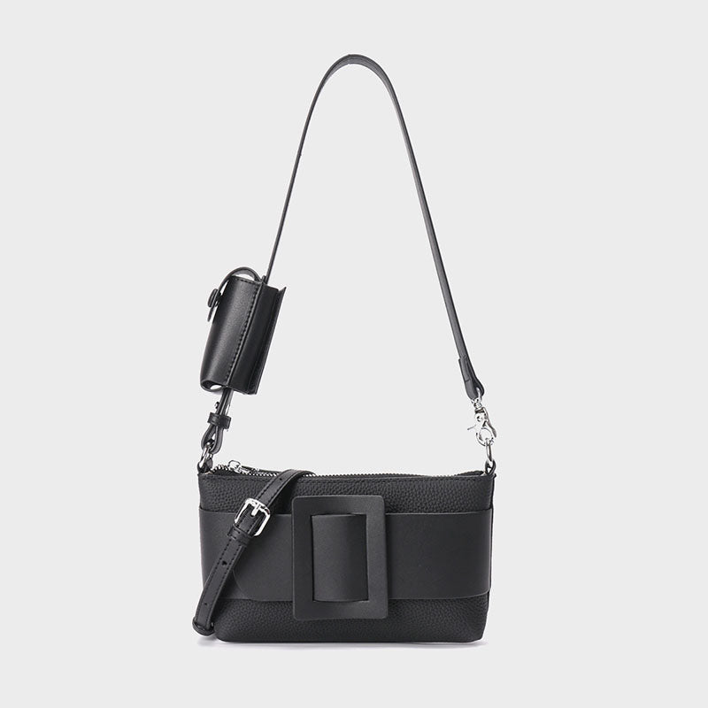 Women’s Genuine Leather Decorative Buckle Zipper Crossbody Baguette Bag image 5