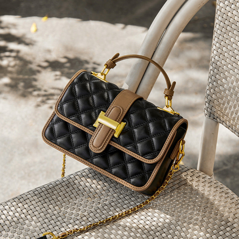 Women’s Genuine Leather Diamond Quilted H-Lock Chain Top Handle Shoulder Bag image 3