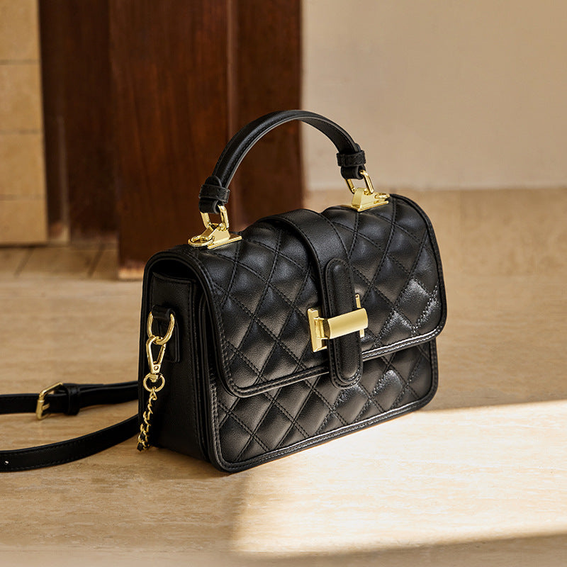 Women’s Genuine Leather Diamond Quilted H-Lock Chain Top Handle Shoulder Bag image 4
