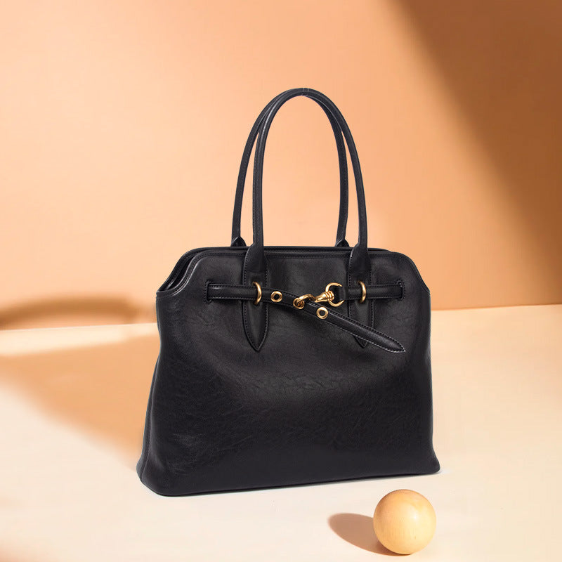 Women’s Genuine Leather Drawstring Buckle Tote Bag image 7