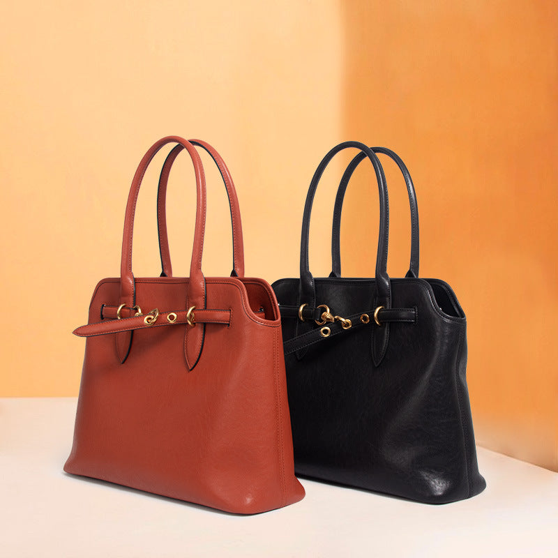 Women’s Genuine Leather Drawstring Buckle Tote Bag image 5