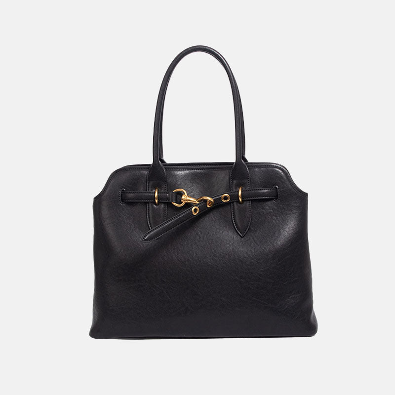 Women’s Genuine Leather Drawstring Buckle Tote Bag image 6