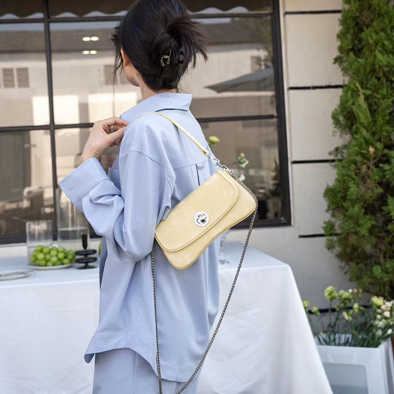 Women’s Genuine Leather Flap Lock Crossbody Shoulder Baguette Bags image 4