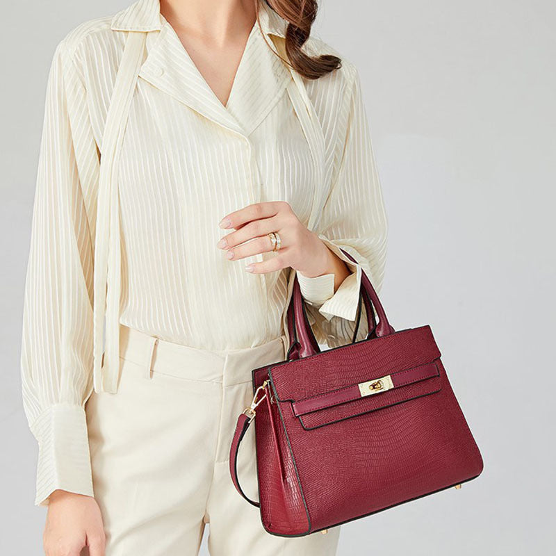 Women’s Genuine Leather Lizard Pattern Top Handle Crossbody Bag with Lock Closure image 4
