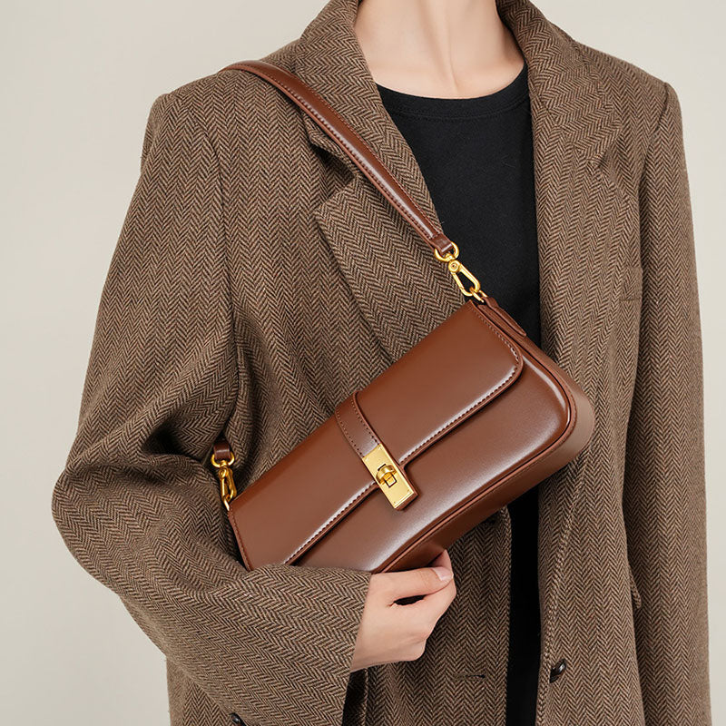 Women’s Genuine Leather Lock Buckle Crossbody Shoulder Baguette Bag In Vintage image 2