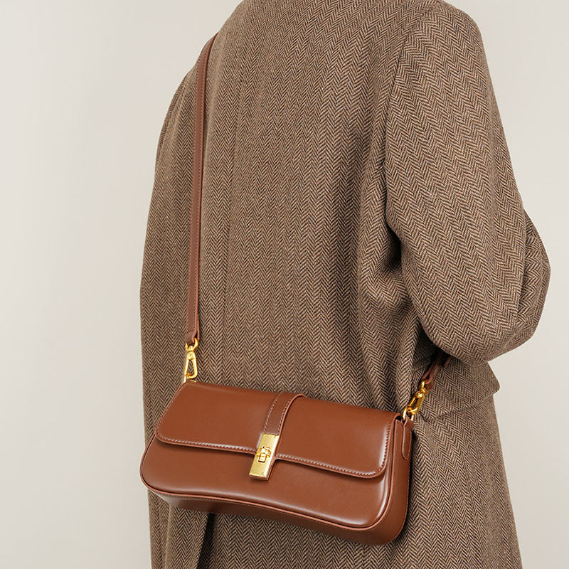 Women’s Genuine Leather Lock Buckle Crossbody Shoulder Baguette Bag In Vintage image 4