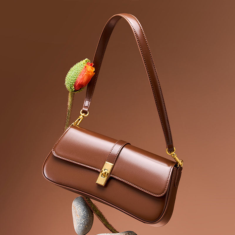 Women’s Genuine Leather Lock Buckle Crossbody Shoulder Baguette Bag In Vintage image 5