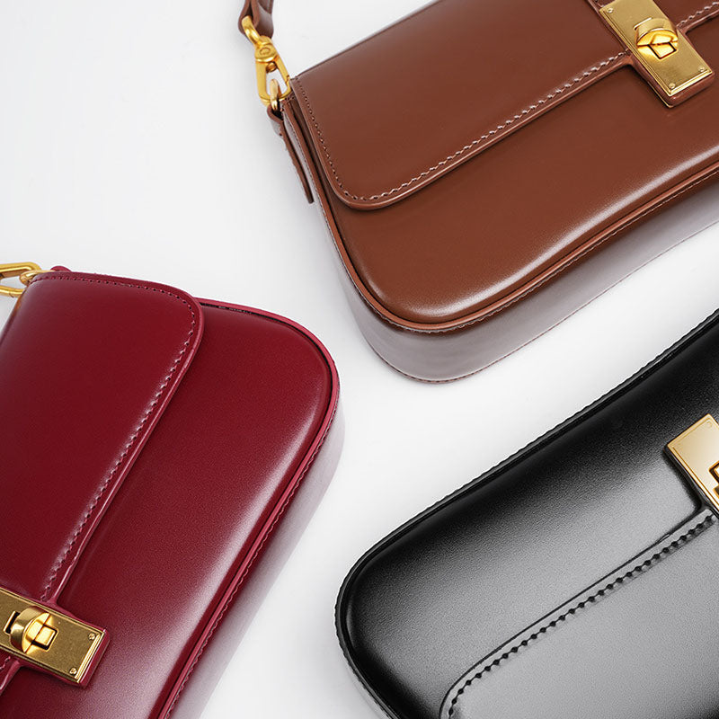 Women’s Genuine Leather Lock Buckle Crossbody Shoulder Baguette Bag In Vintage image 6