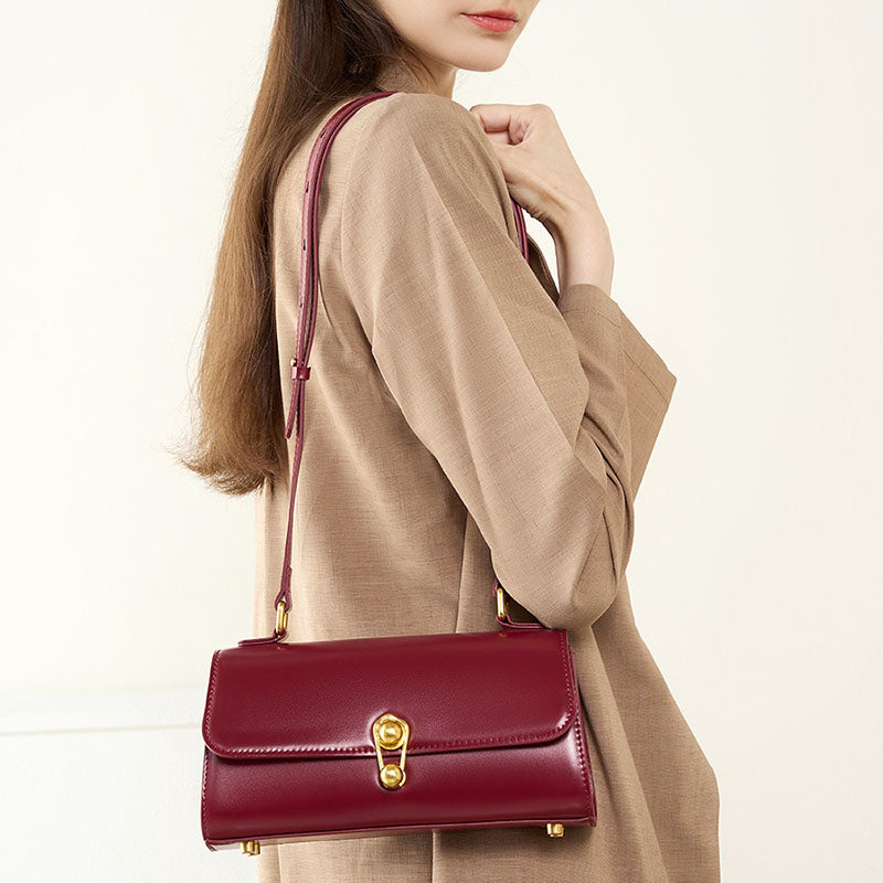 Women’s Genuine Leather Lock Buckle Vintage Baguette Crossbody Bag image 3