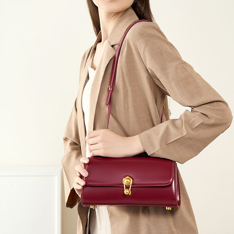 Women’s Genuine Leather Lock Buckle Vintage Baguette Crossbody Bag image 4