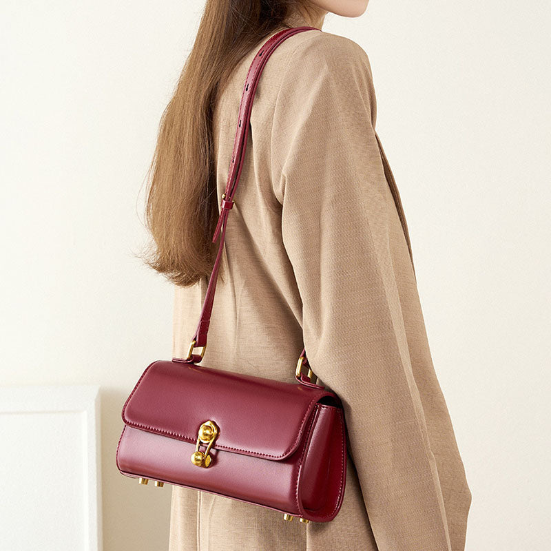 Women’s Genuine Leather Lock Buckle Vintage Baguette Crossbody Bag image 5
