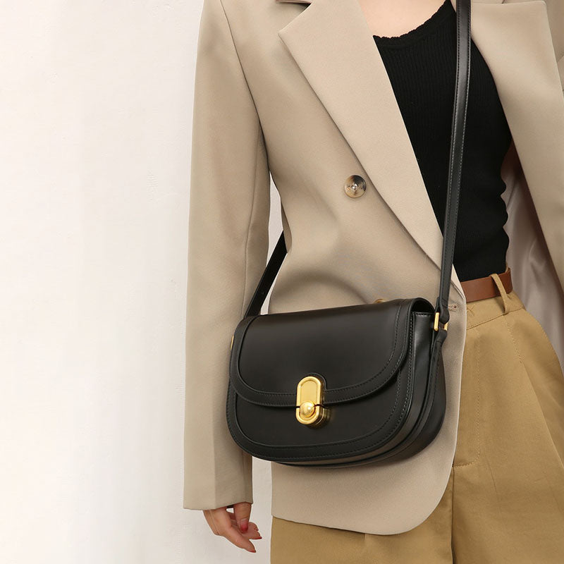 Women’s Genuine Leather Lock Closure Crossbody Saddle Bags image 8