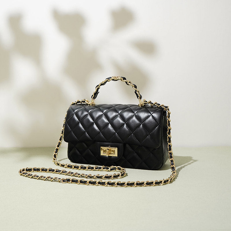 Women’s Genuine Leather Lock Closure Quilted Chain Handle Shoulder Bag image 2