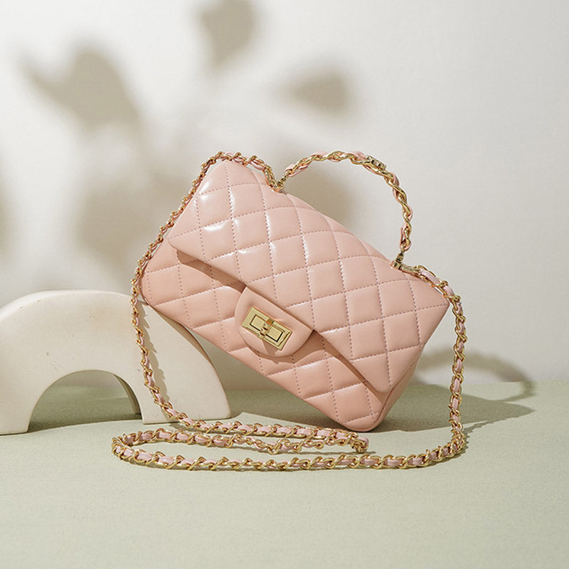 Women’s Genuine Leather Lock Closure Quilted Chain Handle Shoulder Bag image 6