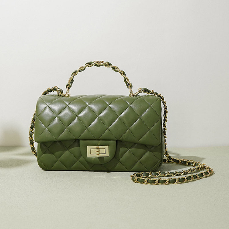 Women’s Genuine Leather Lock Closure Quilted Chain Handle Shoulder Bag image 4