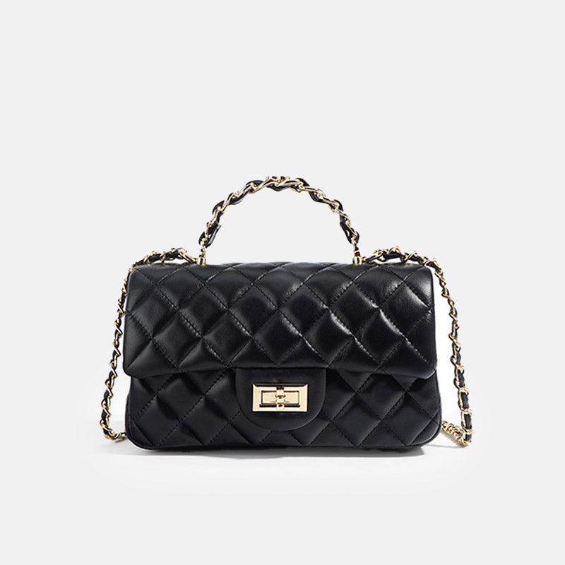 Women’s Genuine Leather Lock Closure Quilted Chain Handle Shoulder Bag image