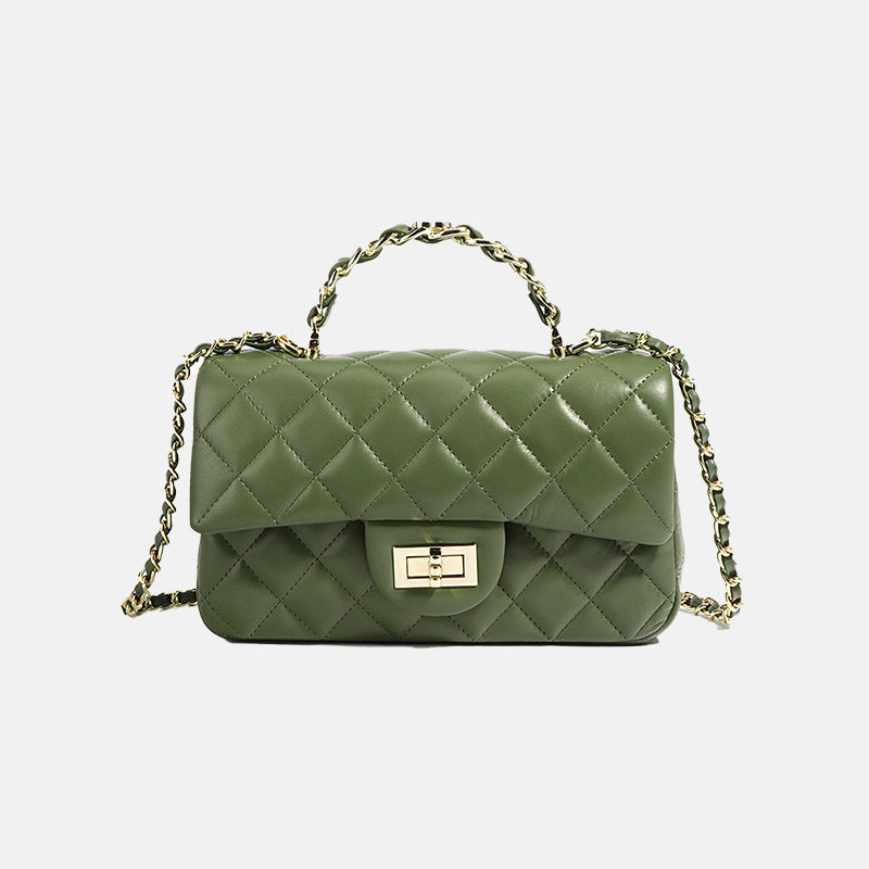 Women’s Genuine Leather Lock Closure Quilted Chain Handle Shoulder Bag image 3