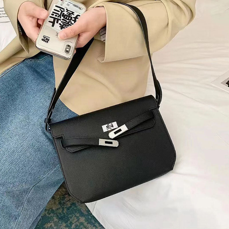 Women’s Genuine Leather Lock Crossbody Shoulder Baguette Bag In Minimalist image 4