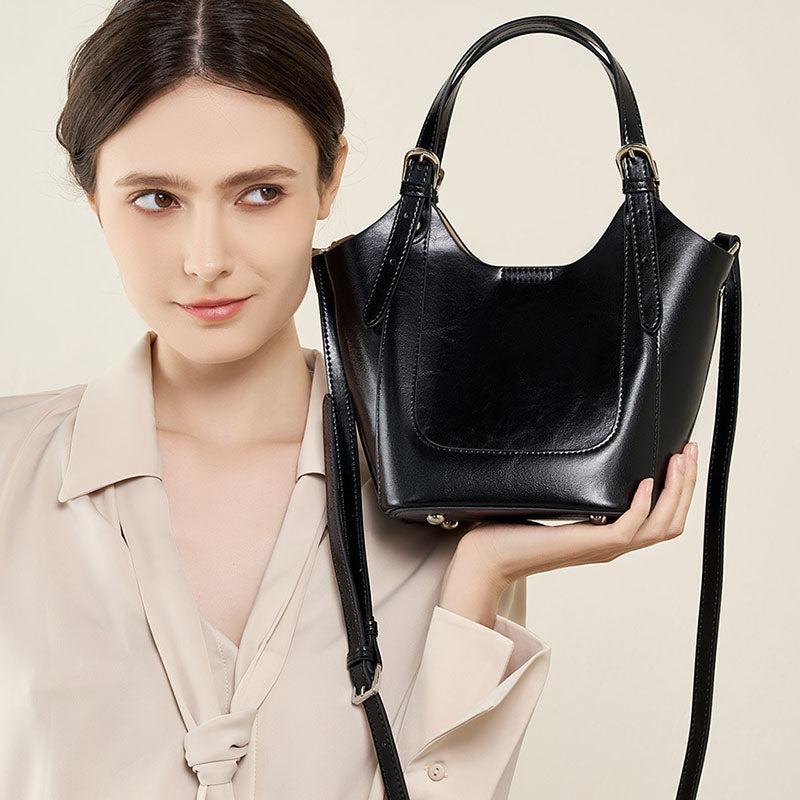 Women’s Genuine Leather Minimalist Bucket Crossbody Tote Bag image 2