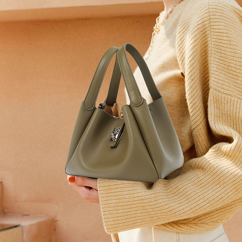 Women’s Genuine Leather Minimalist Lock Bucket Bag image 4