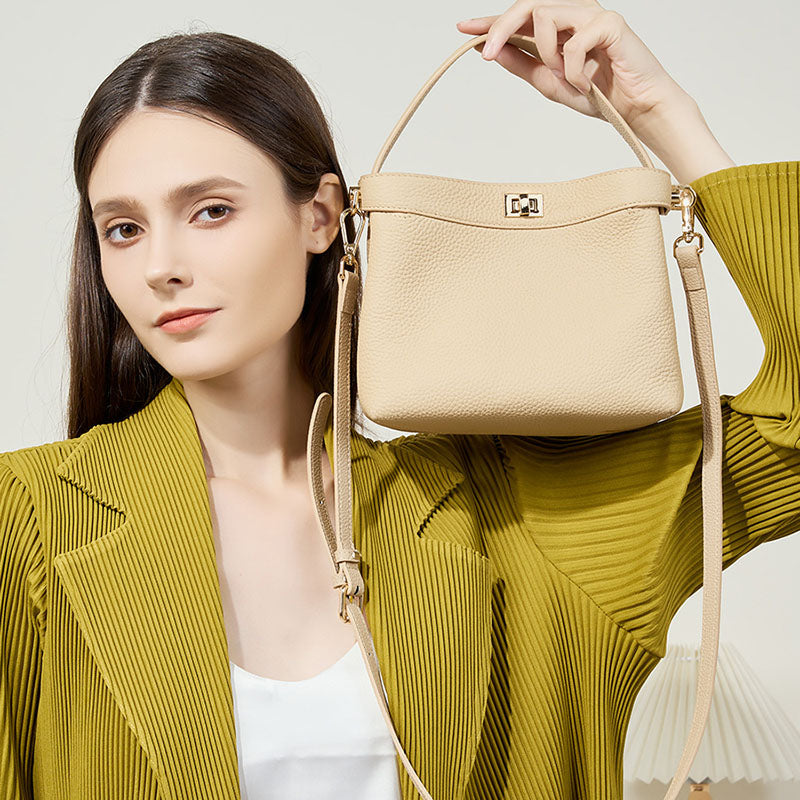 Women’s Genuine Leather Minimalist Lock Clasp Shoulder Bucket Bag image 3