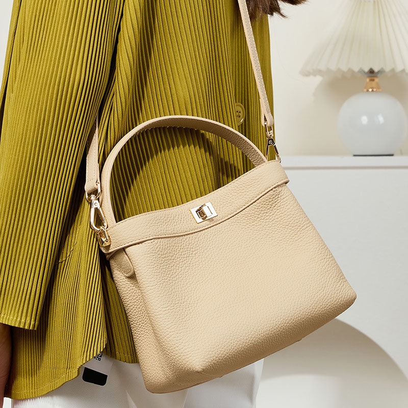 Women’s Genuine Leather Minimalist Lock Clasp Shoulder Bucket Bag image 5