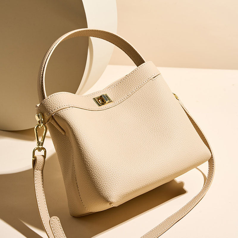 Women’s Genuine Leather Minimalist Lock Clasp Shoulder Bucket Bag image 2