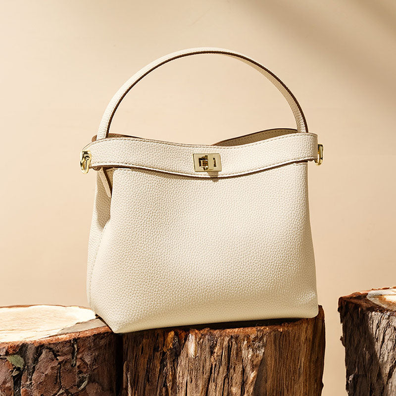 Women’s Genuine Leather Minimalist Lock Clasp Shoulder Bucket Bag image 7