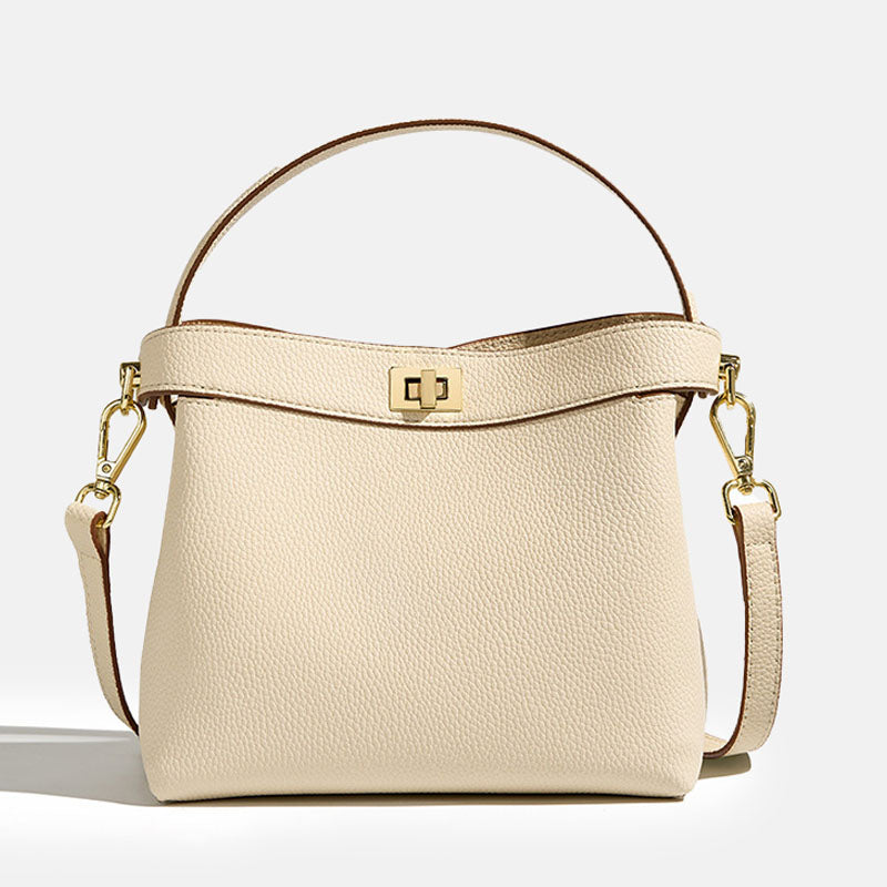 Women’s Genuine Leather Minimalist Lock Clasp Shoulder Bucket Bag image 6