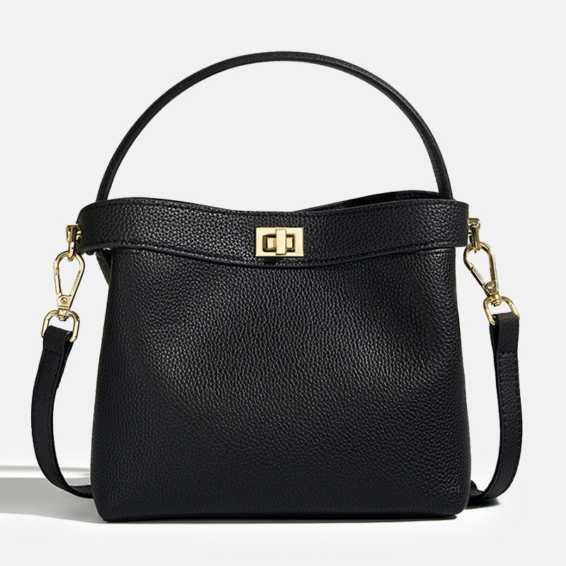 Women’s Genuine Leather Minimalist Lock Clasp Shoulder Bucket Bag image 8