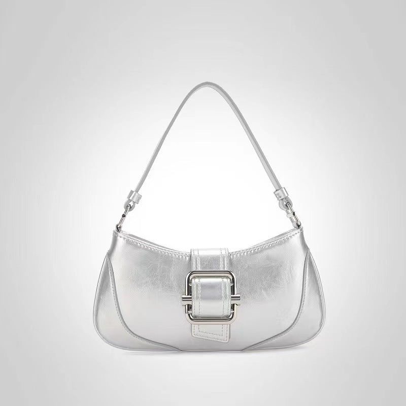 Women’s Genuine Leather Minimalist Lock Shoulder Baguette Bag image 2