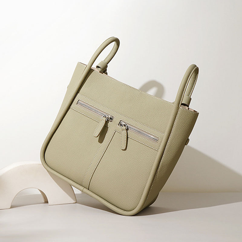 Women’s Genuine Leather Minimalist Magnetic Closure Zippered Shoulder Bucket Bag image 4