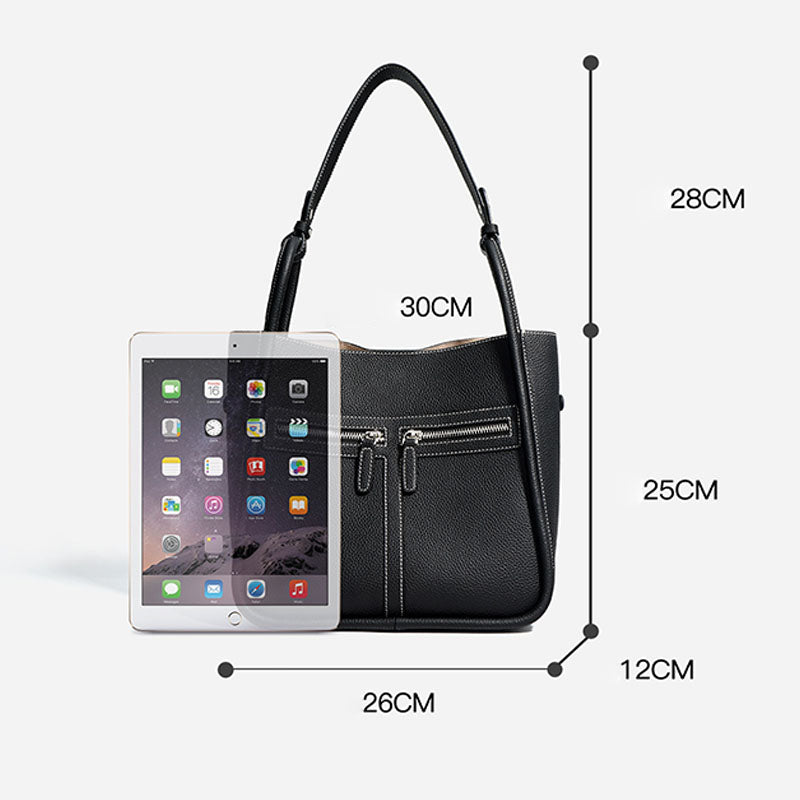 Women’s Genuine Leather Minimalist Magnetic Closure Zippered Shoulder Bucket Bag image 2