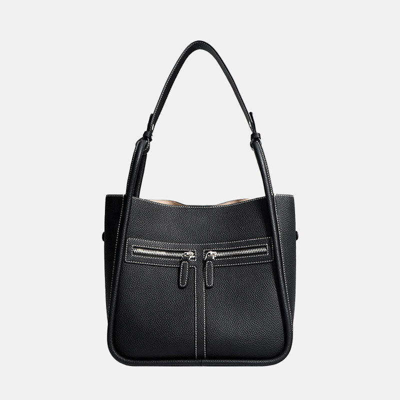 Women’s Genuine Leather Minimalist Magnetic Closure Zippered Shoulder Bucket Bag image