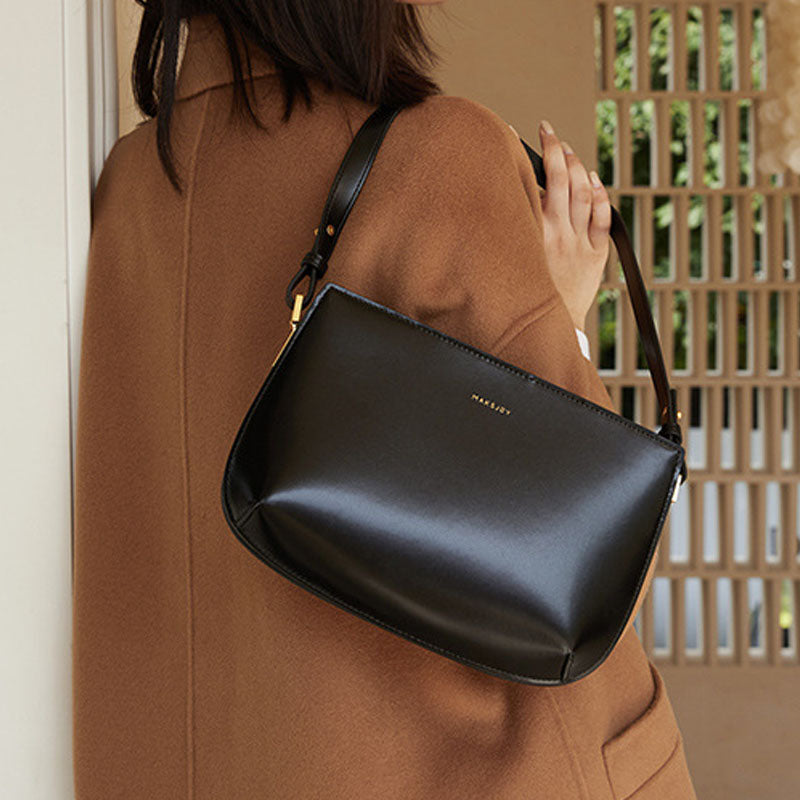 Women’s Genuine Leather Minimalist Zipper Baguette Bag with Crossbody Strap image 3