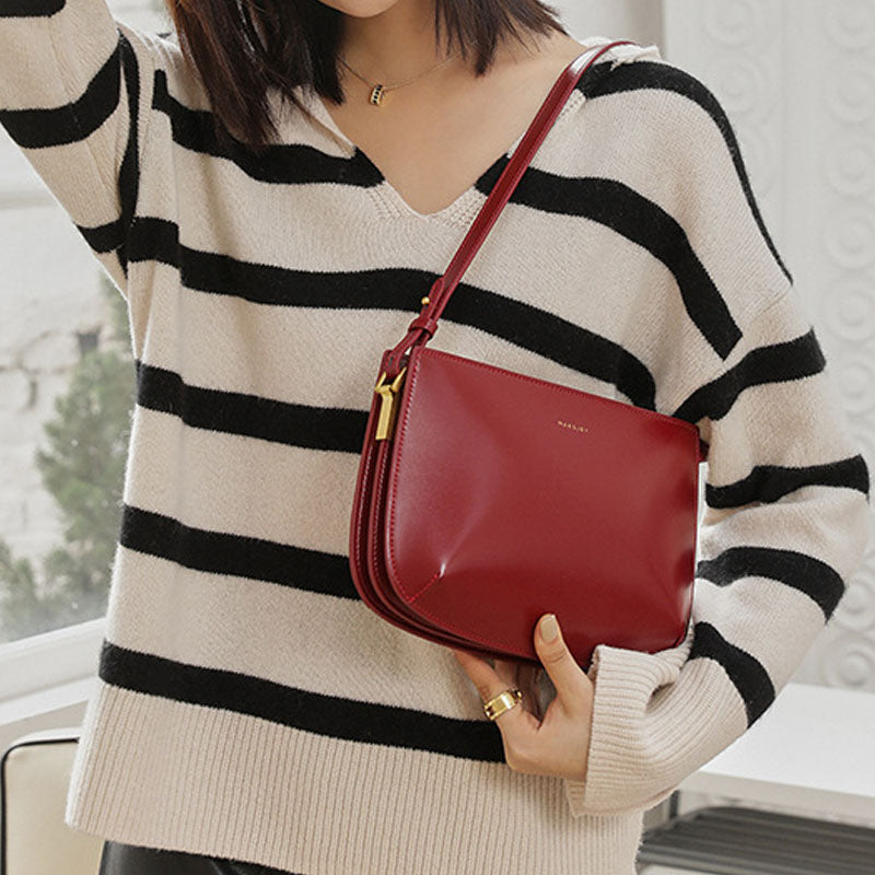 Women’s Genuine Leather Minimalist Zipper Baguette Bag with Crossbody Strap image 4