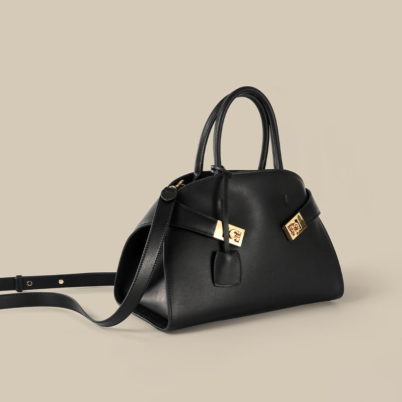 Women’s Genuine Leather Oval Minimalist Lock Zipper Crossbody Handbags image 2