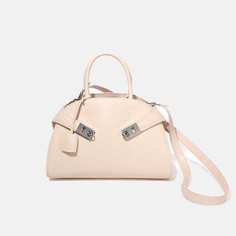 Women’s Genuine Leather Oval Minimalist Lock Zipper Crossbody Handbags image 4