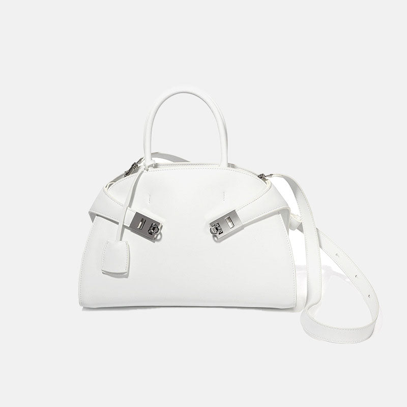 Women’s Genuine Leather Oval Minimalist Lock Zipper Crossbody Handbags image 5