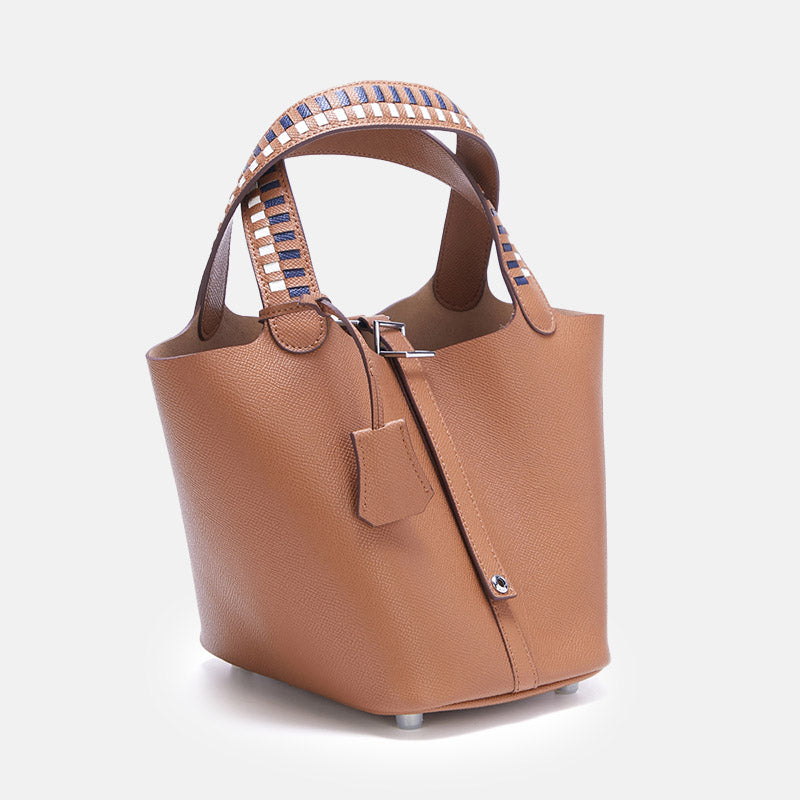 Women’s Genuine Leather Palm-Textured Contrast Handle Bucket Bag image 3