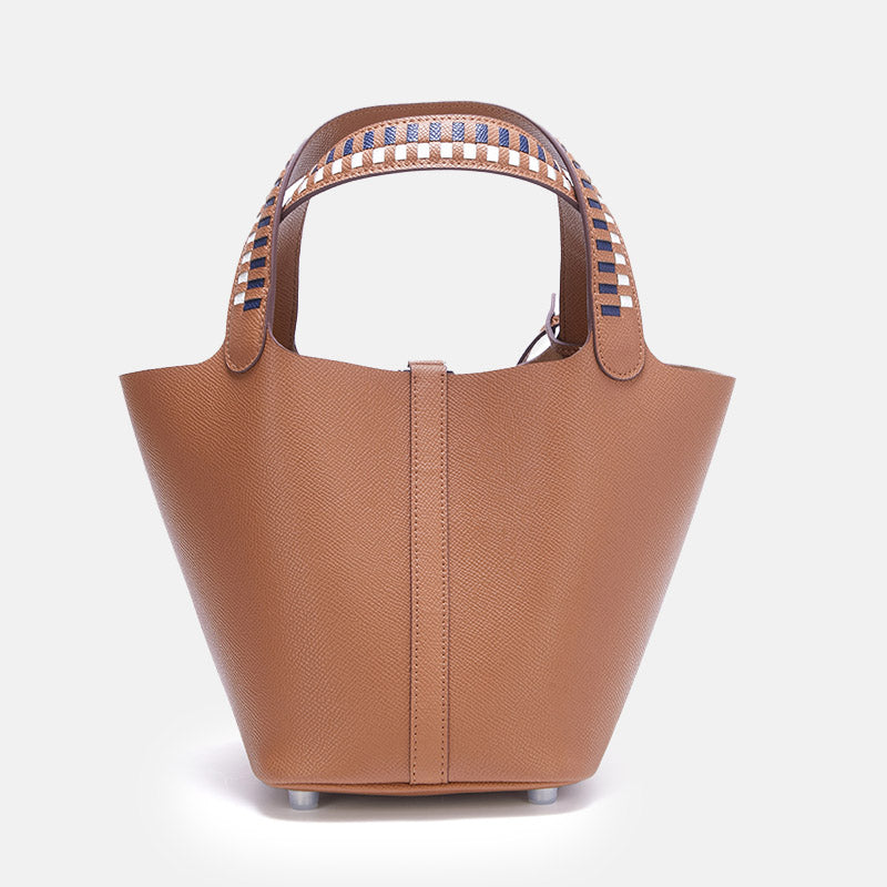 Women’s Genuine Leather Palm-Textured Contrast Handle Bucket Bag image 4