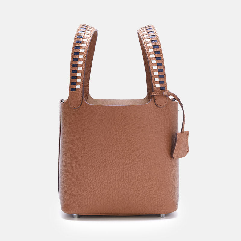 Women’s Genuine Leather Palm-Textured Contrast Handle Bucket Bag image 5