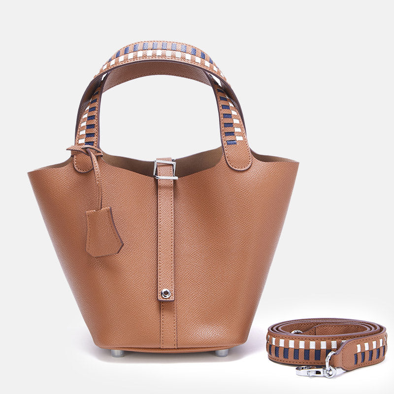 Women’s Genuine Leather Palm-Textured Contrast Handle Bucket Bag image 2