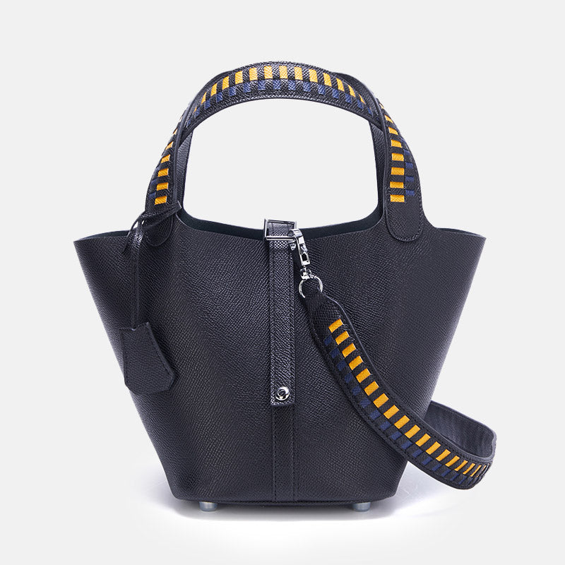 Women’s Genuine Leather Palm-Textured Contrast Handle Bucket Bag image 6